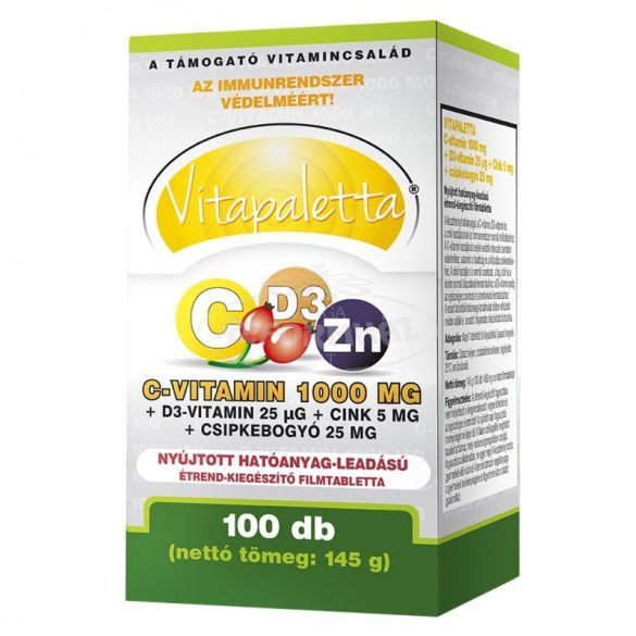 Vitapaletta C-vitamin 1000 mg + D3-vitamin 25g + Cink 5 mg + csipkebogyó 25 mg Nyújtott hatóanyag-leadású étr 100x