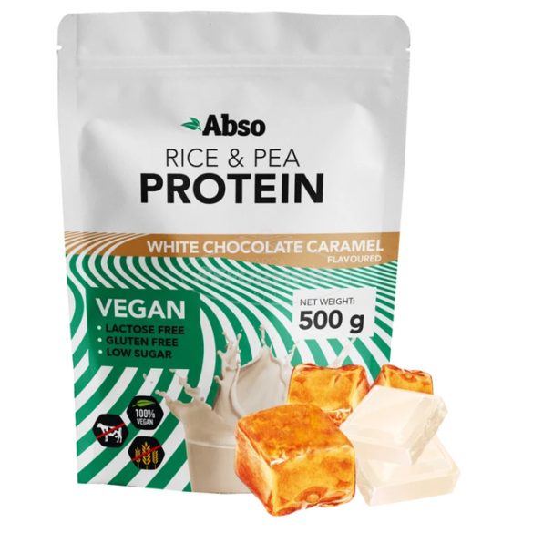 AbsoRice vegán fehérjepor Fehércsokoládé-karamell ízű 500g