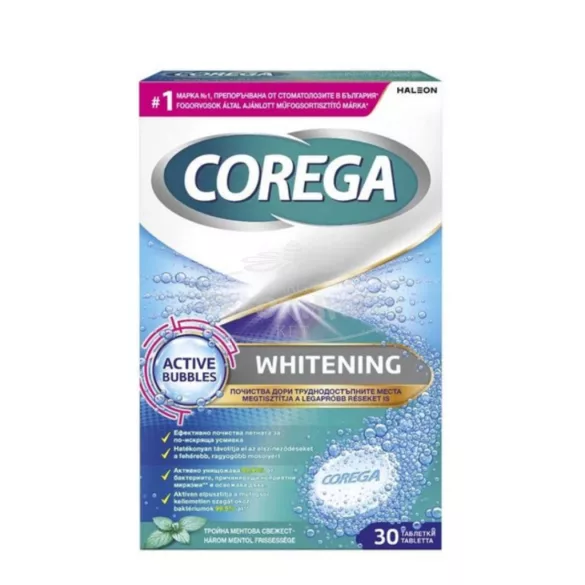 Corega Tabs Whitening antibakteriális hatású műfogsor tisztító tabletta 30x